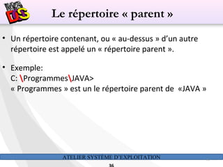 ATELIER SYSTÈME D’EXPLOITATION 36
• Un répertoire contenant, ou « au-dessus » d’un autre
répertoire est appelé un « répertoire parent ».
• Exemple:
C: ProgrammesJAVA>
« Programmes » est un le répertoire parent de «JAVA »
Le répertoire « parent »
 