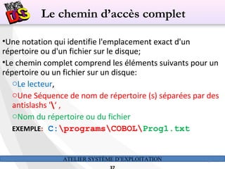 ATELIER SYSTÈME D’EXPLOITATION 37
•Une notation qui identifie l'emplacement exact d'un
répertoire ou d'un fichier sur le disque;
•Le chemin complet comprend les éléments suivants pour un
répertoire ou un fichier sur un disque:
oLe lecteur,
oUne Séquence de nom de répertoire (s) séparées par des
antislashs '‘ ,
oNom du répertoire ou du fichier
EXEMPLE: C:programsCOBOLProg1.txt
Le chemin d’accès complet
 
