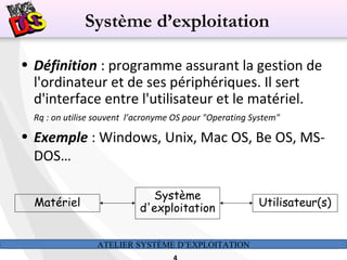 ATELIER SYSTÈME D’EXPLOITATION
Système d’exploitation
• Définition : programme assurant la gestion de
l'ordinateur et de ses périphériques. Il sert
d'interface entre l'utilisateur et le matériel.
Rq : on utilise souvent l’acronyme OS pour "Operating System"
• Exemple : Windows, Unix, Mac OS, Be OS, MS-
DOS…
Matériel
Système
d'exploitation Utilisateur(s)
 