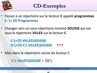 ATELIER SYSTÈME D’EXPLOITATION 41
• Passez à un répertoire sur le lecteur C appelé programmes
C: > CD Programmes
• Changer vers un sous-répertoire nommé SOUSSE qui est
sous le répertoire VILLES sur le lecteur C
C:>CD VILLESSOUSSE
D:>CD C: VILLESSOUSSE ???
• Allez dans le répertoire racine du lecteur C
C: VILLESSOUSSE > CD 
CD-Exemples
 
