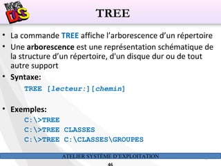 ATELIER SYSTÈME D’EXPLOITATION 46
• La commande TREE affiche l’arborescence d’un répertoire
• Une arborescence est une représentation schématique de
la structure d’un répertoire, d'un disque dur ou de tout
autre support
• Syntaxe:
TREE [lecteur:][chemin]
• Exemples:
C:>TREE
C:>TREE CLASSES
C:>TREE C:CLASSESGROUPES
TREE
 