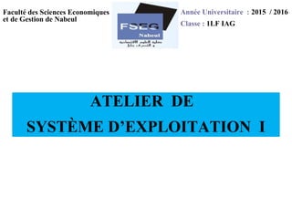 Faculté des Sciences Economiques
et de Gestion de Nabeul
Année Universitaire : 2015 / 2016
Classe : 1LF IAG
ATELIER DE
SYSTÈME D’EXPLOITATION I
 