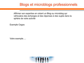 Blogs et microblogs professionnels
Affirmer son expertise en créant un Blog ou microblog qui
véhiculera des échanges et des réponses à des sujets dans la
sphère de votre activité
Exemple Cegos

Votre exemple….

 