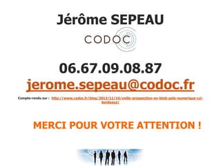 Jérôme SEPEAU
06.67.09.08.87
jerome.sepeau@codoc.fr
Compte-rendu sur : http://www.codoc.fr/blog/2013/11/10/veille-prospection-en-btob-pole-numerique-ccibordeaux/

MERCI POUR VOTRE ATTENTION !

 