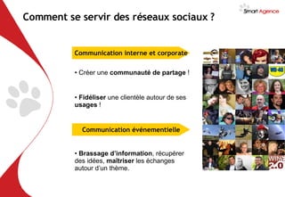 Créer une  communauté de partage  ! Fidéliser  une clientèle autour de ses  usages  ! Brassage d’information ,   récupérer des idées,  maîtriser  les échanges autour d’un thème. Communication interne et corporate Communication événementielle Comment se servir des réseaux sociaux ? 