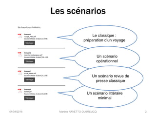 Les scénarios
04/04/2016 Martine RAVETTO-DUBREUCQ 2
Le classique :
préparation d’un voyage
Un scénario
opérationnel
Un scénario littéraire
minimal
Un scénario revue de
presse classique