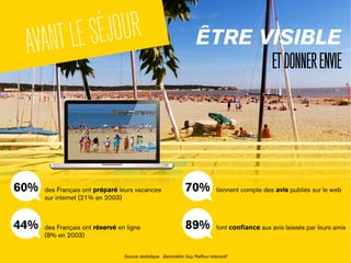 ÊTRE VISIBLE
ETDONNERENVIE
60% des Français ont préparé leurs vacances
sur internet (21% en 2003)
44% des Français ont réservé en ligne
(8% en 2003)
70% tiennent compte des avis publiés sur le web
Source statistique : Baromètre Guy Raffour Interactif
89% font confiance aux avis laissés par leurs amis
AVANTLESÉJOUR
 