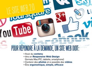 POURRÉPONDREÀLADEMANDE,UNSITEWEBDOIT:
• Avoir du contenu
• être en Responsive Web Design
(formats Mac/PC, tablette, smartphone)
• Contenir des photos et si possible des vidéos
• Être ergonomique, simple, efficace
LESITEWEB2.0
 