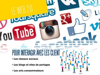 POURINTERAGIRAVECLESCLIENT
• Les réseaux sociaux
• Les blogs et sites de partages
• Les avis consommateurs
LEWEB2.0
 