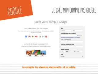 GOOGLE JECRÉEMONCOMPTEPROGOOGLE
Je remplis les champs demandés, et je valide
 
