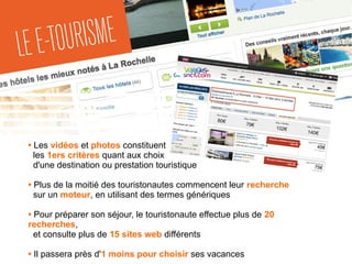 LEE-TOURISME
• Les vidéos et photos constituent
les 1ers critères quant aux choix
d'une destination ou prestation touristique
• Plus de la moitié des touristonautes commencent leur recherche
sur un moteur, en utilisant des termes génériques
• Pour préparer son séjour, le touristonaute effectue plus de 20
recherches,
et consulte plus de 15 sites web différents
• Il passera près d'1 moins pour choisir ses vacances
 