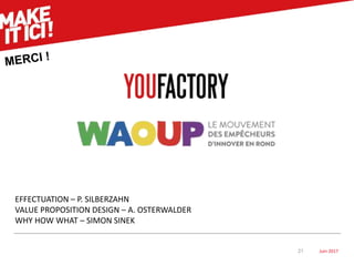 Juin 201721
EFFECTUATION – P. SILBERZAHN
VALUE PROPOSITION DESIGN – A. OSTERWALDER
WHY HOW WHAT – SIMON SINEK
 