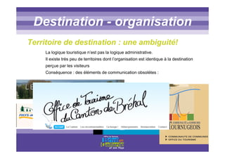 Titre titre titreDestination - organisation
La logique touristique n’est pas la logique administrative.
Il existe très peu de territoires dont l’organisation est identique à la destination
perçue par les visiteurs
Conséquence : des éléments de communication obsolètes :
Territoire de destination : une ambiguité!
 