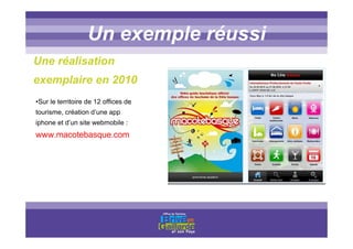 Titre titre titreUn exemple réussi
Une réalisation
exemplaire en 2010
•Sur le territoire de 12 offices de
tourisme, création d’une app
iphone et d’un site webmobile :
www.macotebasque.com
 
