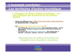Titre titre titre
L'exemple corrézien :
Les territoires d'action touristique
• L'aéroport de Brive-Vallée Dordogne : un
cas pratique qui bouleverse les ordres
établis
- Zone de diffusion qui s'affranchie des limites administratives
(3 départements, 3 régions)
- Un territoire de destination à inventer?
- En termes de marketing de l'offre - Des impératifs à gérer : vouloir
agir, pouvoir réaliser (moyens humains et financiers), piloter la
destination.
- En termes de marketing de la demande – Des points clés à
aborder : conquérir, séduire, informer, vendre et fidéliser
Nécessité pour les offices de tourisme de
s'organiser pour répondre à ces enjeux
 