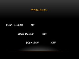 PROTOCOLE



SOCK_STREAM      TCP


       SOCK_DGRAM        UDP


              SOCK_RAW         ICMP
 