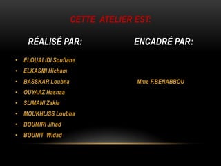CETTE ATELIER EST:

    RÉALISÉ PAR:                 ENCADRÉ PAR:
• ELOUALIDI Soufiane
• ELKASMI Hicham
• BASSKAR Loubna                 Mme F.BENABBOU
• OUYAAZ Hasnaa
• SLIMANI Zakia
• MOUKHLISS Loubna
• DOUMIRI Jihad
• BOUNIT Widad
 