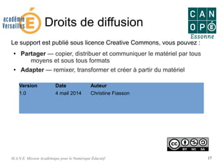 M.A.N.E. Mission Académique pour le Numérique Éducatif 17
Droits de diffusion
Le support est publié sous licence Creative Commons, vous pouvez :
● Partager — copier, distribuer et communiquer le matériel par tous
moyens et sous tous formats
● Adapter — remixer, transformer et créer à partir du matériel
Version Date Auteur
1.0 4 mail 2014 Christine Fiasson
 