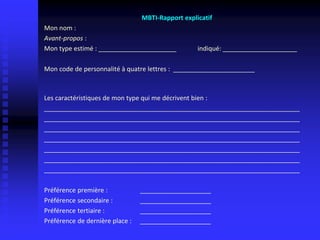 MBTI-Rapport explicatif
Mon nom :
Avant-propos :
Mon type estimé : ______________________ indiqué: _____________________
Mon code de personnalité à quatre lettres : _______________________
Les caractéristiques de mon type qui me décrivent bien :
________________________________________________________________________
________________________________________________________________________
________________________________________________________________________
________________________________________________________________________
________________________________________________________________________
________________________________________________________________________
________________________________________________________________________
Préférence première : ____________________
Préférence secondaire : ____________________
Préférence tertiaire : ____________________
Préférence de dernière place : ____________________
 