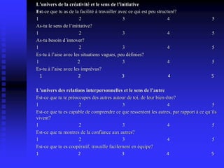 L’univers de la créativité et le sens de l’initiative
Est-ce que tu as de la facilité à travailler avec ce qui est peu structuré?
1 2 3 4 5
As-tu le sens de l’initiative?
1 2 3 4 5
As-tu besoin d’innover?
1 2 3 4 5
Es-tu à l’aise avec les situations vagues, peu définies?
1 2 3 4 5
Es-tu à l’aise avec les imprévus?
1 2 3 4 5
L’univers des relations interpersonnelles et le sens de l’autre
Est-ce que tu te préoccupes des autres autour de toi, de leur bien-être?
1 2 3 4 5
Est-ce que tu es capable de comprendre ce que ressentent les autres, par rapport à ce qu’ils
vivent?
1 2 3 4 5
Est-ce que tu montres de la confiance aux autres?
1 2 3 4 5
Est-ce que tu es coopératif, travaille facilement en équipe?
1 2 3 4 5
 