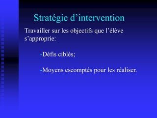 Stratégie d’intervention
Travailler sur les objectifs que l’élève
s’approprie:
-Défis ciblés;
-Moyens escomptés pour les réaliser.
 