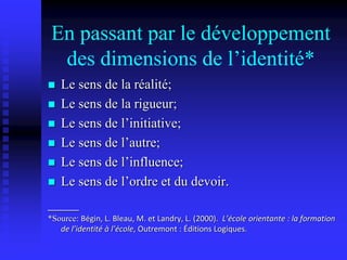 En passant par le développement
des dimensions de l’identité*
 Le sens de la réalité;
 Le sens de la rigueur;
 Le sens de l’initiative;
 Le sens de l’autre;
 Le sens de l’influence;
 Le sens de l’ordre et du devoir.
____
*Source: Bégin, L. Bleau, M. et Landry, L. (2000). L’école orientante : la formation
de l’identité à l’école, Outremont : Éditions Logiques.
 
