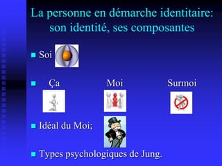 La personne en démarche identitaire:
son identité, ses composantes
 Soi
 Ça Moi Surmoi
 Idéal du Moi;
 Types psychologiques de Jung.
 