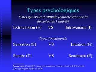 Types psychologiques
Types généraux d’attitude (caractérisés par la
direction de l’intérêt)
Extraversion (E) VS Introversion (I)
Types fonctionnels
Sensation (S) VS Intuition (N)
Pensée (T) VS Sentiment (F)
_____
Source: Jung, C.G.(1983). Types psychologiques. Genève: Librairie de l’Université.
(Ouvrage original publié en 1950).
 