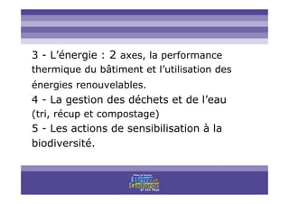Titre titre titre
3 - L’énergie : 2 axes, la performance
thermique du bâtiment et l’utilisation des
énergies renouvelables.
4 - La gestion des déchets et de l’eau
(tri, récup et compostage)
5 - Les actions de sensibilisation à la
biodiversité.
 