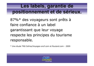 Titre titre titre
Les labels, garantie de
positionnement et de sérieux.
87%* des voyageurs sont prêts à
faire confiance à un label
garantissant que leur voyage
respecte les principes du tourisme
responsable.
* Une étude TNS Sofres/Voyages-sncf.com et Routard.com - 2009
 