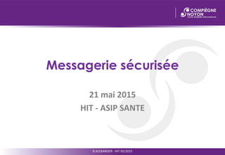 Messagerie sécurisée
21 mai 2015
HIT - ASIP SANTE
R.ALEXANDER - HIT 05/2015
 