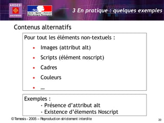 3 En pratique : quelques exemples


 Contenus alternatifs
        Pour tout les éléments non-textuels :
             • Images (attribut alt)
             • Scripts (élément noscript)
             • Cadres
             • Couleurs
             • …

        Exemples :
             - Présence d’attribut alt
             - Existence d’élements Noscript
© Temesis - 2005 – Reproduction strictement interdite                  20
 