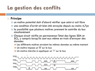 La gestion des conflits
   Principe
       un maître potentiel doit d'abord vérifier que celui-ci soit libre
       une condition d'arrèt ait bien été envoyée depuis au moins 4,7μs
       la possibilité que plusieurs maîtres prennent le contrôle du bus
        simultanément
       Chaque circuit vérifie en permanence l'état des lignes SDA et
        SCL, y compris lorsqu'ils sont eux même en train d'envoyer des
        données
           Les différents maîtres envoient les mêmes données au même moment
           Un maître impose un '0' sur le bus
           Un maitre cherche à appliquer un '1' sur le bus
 