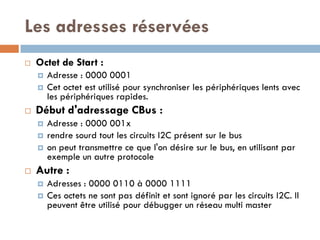 Les adresses réservées
   Octet de Start :
       Adresse : 0000 0001
       Cet octet est utilisé pour synchroniser les périphériques lents avec
        les périphériques rapides.
   Début d'adressage CBus :
       Adresse : 0000 001x
       rendre sourd tout les circuits I2C présent sur le bus
       on peut transmettre ce que l'on désire sur le bus, en utilisant par
        exemple un autre protocole
   Autre :
       Adresses : 0000 0110 à 0000 1111
       Ces octets ne sont pas définit et sont ignoré par les circuits I2C. Il
        peuvent être utilisé pour débugger un réseau multi master
 