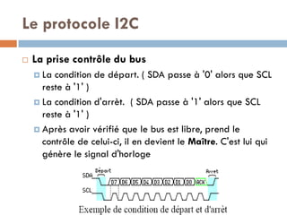 Le protocole I2C
   La prise contrôle du bus
     La condition de départ. ( SDA passe à '0' alors que SCL
      reste à '1' )
     La condition d'arrèt. ( SDA passe à '1' alors que SCL
      reste à '1' )
     Après avoir vérifié que le bus est libre, prend le
      contrôle de celui-ci, il en devient le Maître. C'est lui qui
      génère le signal d'horloge
 