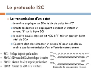 Le protocole I2C
   La transmission d'un octet
     le maître applique sur SDA le bit de poids fort D7
     Ensuite la donnée en appliquant pendant un instant un
      niveau '1‘ sur la ligne SCL
     le maître envoie alors un bit ACK à '1' tout en scrutant l'état
      réel de SDA
     L'escave doit alors imposer un niveau '0' pour signaler au
      maître que la transmission s'est effectuée correctement
 