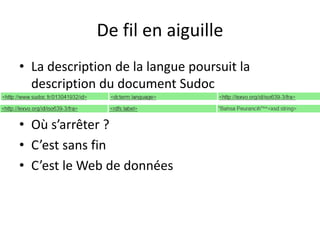 De fil en aiguille
• La description de la langue poursuit la
description du document Sudoc
• Où s’arrêter ?
• C’est sans fin
• C’est le Web de données
 