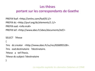 Les thèses
portant sur les correspondants de Goethe
PREFIX foaf: <http://xmlns.com/foaf/0.1/>
PREFIX dc: <http://purl.org/dc/elements/1.1/>
PREFIX ead: <info:ms#>
PREFIX tef: <http://www.abes.fr/abes/documents/tef/>
SELECT ?these
{
?ms dc:creator <http://www.abes.fr/su/res/026895528>.
?ms ead:destinataire ?destinataire.
?these a tef:Thesis.
?these dc:subject ?destinataire
}
La requête exploite les données Calames et STAR
 