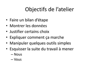 Objectifs de l’atelier
• Faire un bilan d’étape
• Montrer les données
• Justifier certains choix
• Expliquer comment ça marche
• Manipuler quelques outils simples
• Esquisser la suite du travail à mener
– Nous
– Vous
 