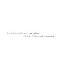 Qui utilise explicitement marcrel:aut
utilise implicitement dc:contributor
 