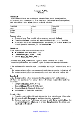 Langage PL/SQL


                                   Langage PL/SQL
                                      Atelier 2

Exercice 1
On souhaite conserver des statistiques concernant les mises à jour (insertion,
modifications, suppression) sur la table Emp. Ces statistiques seront enregistrées
dans une table appelée 'Stats' ayant la structure suivante :

TypeMAJ                      NbMAJ                          DateMAJ
Insert                       0                              NULL
Update                       0                              NULL
Delete                       0                              NULL

Etapes à suivre
   • Créer une table Emp ayant la même structure que celle de Scott
   • Créer la table Stats initialisée à 0 pour NbMAJ et à NULL pour DateMAJ
   • Ecrire le ou les déclencheurs permettant de mettre à jour la table Stats après
      chaque opération de mise à jour sur la table EMP

Exercice 2
Soit le schéma de la base de données suivante :
   • Articles (Ref, Des, PU, QteS,Coul)
   • Commandes (NBC, DateC, Code)
   • Détails (NBC, Ref, QteC, QteL)

Créer une table jour_commandes (ayant la même structure que la table
Commandes) capable de récupérer les tuples effacés dans la table commandes.

Ecrire le trigger qui automatise cette journalisation. Ce trigger permettra entre autre
de :
- De ne journaliser que les commandes qui n’ont pas une quantité livrée égale à 0
- De ne journaliser que les commandes qui concerne un article de couleur noir.

Exercice 3
Le but de ce problème est de faire des statistiques concernant les transactions
effectuées par les clients d’une banque donnée. Pour cela on considère les tables
suivantes :i
    • Comptes(NCompte, Solde, Code)
    • Depots(NDepot, MontantD, NCompte)
    • Retraits(NRetrait, MontantR, NCompte)
    • Stats(NCompte, NombreD, NombreR)

Travail à faire
   1. Créer les quatre tables. Ne tenir compte que de la contrainte de clé primaire.
   2. Alimenter la table Comptes de quelques comptes (environ 4).
   3. Ecrire un programme PL/SQ pour alimenter la table Stats. La table Stats doit
      être initialisée par les NCompte de la table Comptes et par des zéros dans
      NombreD et NombreR.



                                 abdellah_madani@yahoo.fr                                 1
 