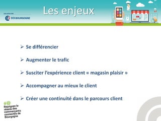 Les enjeux
 Se différencier
 Augmenter le trafic
 Sus ite l’exp ie e lie t « magasin plaisir »
 Accompagner au mieux le client
 Créer une continuité dans le parcours client
 