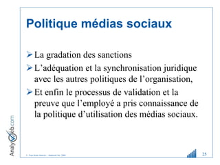© Tous droits réservés – Analyweb Inc. 2008
Politique médias sociaux
La gradation des sanctions
L’adéquation et la synch...