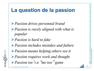 © Tous droits réservés – Analyweb Inc. 2008
La question de la passion
Passion drives personnal brand
Passion is rarely a...