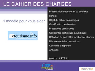 LE CAHIER DES CHARGES
Présentation du projet et du contexte
général
Objet du cahier des charges
Qualification des besoins
Prestations demandées
Contraintes techniques & juridiques
Définition du périmètre fonctionnel attendu
Déroulement des prestations
Cadre de la réponse
Annexes
(source : ARTESI)
1 modèle pour vous aider
 