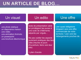 UN ARTICLE DE BLOG…
Un visuel
une photo statique
un diaporama maison
une vidéo
une animation Animoto
un powerpoint
une brochure électronique
Un edito
texte de présentation aéré
en privilégiant les puces à
une suite de d'éléments
séparés par virgule...
Ne pas oublier les aspects
purement pratiques des lieux
cités (heures et jours
d'ouverture, liens vers leur
site)
+ plan d’accès
Une offre
Lien quasi obligatoire
dirigeant vers une offre
commerciale de votre
territoire / Lien vers les
hébergements proches de…
 