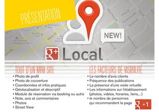 PRÉSENTATION
TOUTD'UNMINISITE• Photo de proﬁl
• Photo de couverture
• Coordonnées et infos pratiques
• Géolocalisation et descriptif
• Module de réservation via booking ou autre
• Note, avis et commentaires
• Photos
• Street View
• Le nombre d'avis clients
• Fréquence des publications
• La présence d'une visite virtuelle
• Les informations sur l'établissement
(photos, vidéos, horaires, liens,...)
• le nombre de personnes
qui recommandent la page
LESFACTEURSDEVISIBILITÉ
 