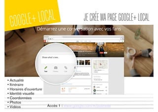 GOOGLE+LOCAL JECRÉEMAPAGEGOOGLE+LOCAL
Accès 1 : www.google.com/+/business
• Actualité
• Itinéraire
• Horaires d'ouverture
• Identité visuelle
• Coordonnées
• Photos
• Vidéos
 