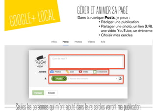 GOOGLE+LOCAL GÉRERETANIMERSAPAGE
Dans la rubrique Posts, je peux :
• Rédiger une publication
• Partager une photo, un lien (URL),
une vidéo YouTube, un événement
• Choisir mes cercles
Seuleslespersonnesquim'ontajoutédansleurscerclesverrontmapublication.
 