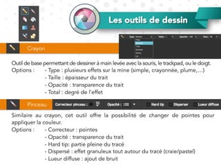 Les outils de dessin
Outil de base permettant de dessiner à main levée avec la souris, le trackpad, ou le doigt.
Options : - Type : plusieurs effets sur la mine (simple, crayonnée, plume,…)
- Taille : épaisseur du trait
- Opacité : transparence du trait
- Total : degré de l’effet
Crayon
Pinceau
Similaire au crayon, cet outil offre la possibilité de changer de pointes pour
appliquer la couleur.
Options : - Correcteur : pointes
- Opacité : transparence du trait
- Hard tip: partie pleine du tracé
- Dispersé : effet granuleux tout autour du tracé (craie/pastel)
- Lueur diffuse : ajout de bruit
 
